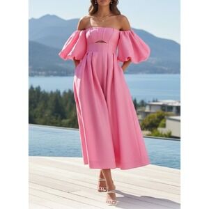 AJE Eugenie Off Shoulder Pink Puff Sleeve Midi Dress Size XXS